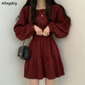 Casual Dresses Women Long Sleeve Solid Color Square Collar Aline Sweet Vintage Design High Waist Mini Length Soft Chic Korean Elegant 220830