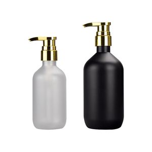 Bottiglia di plastica nera opaca/trasparente 300ml 10oz 500ml 16oz Contenitore dispenser ricaricabile con pompa dorata per shampoo lozione cura della pelle siero gel doccia