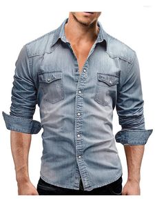 Erkek Tişörtleri Erkek Bahar Sonbahar Denim Gömlek T-Shirtler Uzun Kollu Düğme Vintage Moda Snap Up Üstler Sıradan Kovboy Tee