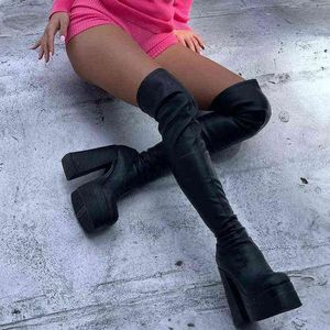 Stiefel Modeplattform Frauen über den Kniestiefeln sexy Feamle Square Toe PU Dicke untere Schuhe Damen Block High Heels Reißverschluss Langstiefel 220815