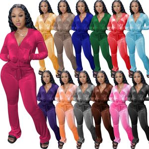 Womens Velet Tracksuits Designer Clothing Hoodie Sport Two Piece Outfits Velour Sweatsuits Jacket Bell Wid Leg Pant Set