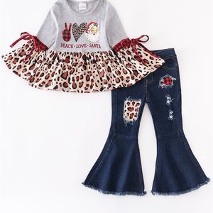 Ocasiões especiais Girlymax 3 Color Árvore de Natal Papai Noel Girls Leopard Plaid Flare Top Ruffle Jeans Jeans Bell Gottoms Set Set Crianças 220830