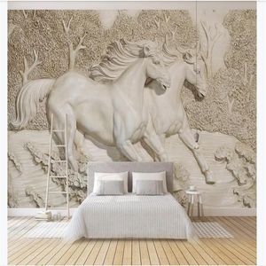 Customized 3d Wandbild Tapete PO Wallpapier 3D dreidimensional geprägte weiße Pferdes Schlafzimmer Wohnzimmer TV Hintergrund Wandbild Tapete211e