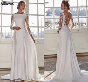 Boho Beach Satin A Line Abiti da sposa con maniche lunghe Illusion Appliques in pizzo Sexy Bottoni trasparenti Abiti da sposa sul retro Sweep Train Simple Robes de Mariee CL1026