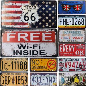 Metalowe malarstwo vintage metalowe znaki cyny kawa za darmo WiFi Route 66 Motor Plauques Samochód rejestracyjny bar pubowy garaż garażowy dekoracje ścienne plakat 15x30 cm T220829