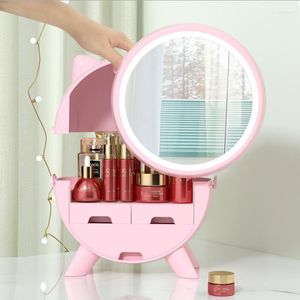 Makeup Brushes LED Cosmetic Storage Box Mirror Integrerat damms￤kert hush￥ll Finish Skin Care Desktop toalettbord L￤ppstiftst￤ll