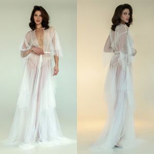 2022 New Sexy Lllusion Women Sleepwear Dress Belt V-neck Full Sleeve Custom Made Ruched Tulle Lllusion Bathrobe Floor-Length Plus Size