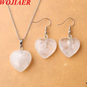 Natural Stone Necklace Jewelry Set For Woman White Crystal Heart Pendant Earrings Bridal Wedding Set O9497