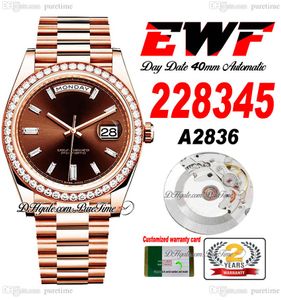 EWF Day Date 228345 A2836 Automatik-Herrenuhr, 40 Roségold-Diamanten, Lünette, braune Textur, Stick-Zifferblatt, Präsidentenarmband, gleiche Seriennummer, Karte, Super Edition Puretime C3