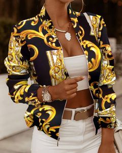 Spring Autumn Casual Thin Jacket Vintage Print Tops Women Long Sleeve Slim Zipper Ladies Jackets Coat Woman Veste Femme