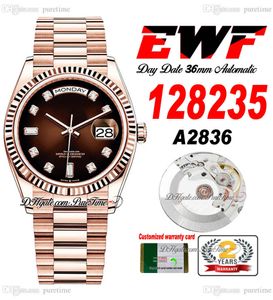 EWF DAY DATUM 128235 A2836 Automatisk unisex-klocka Mens Ladies 36 Rose Gold D-Brown Diamond Dial Presidential Armband Samma seriekort Super Edition Puretime RG-B2