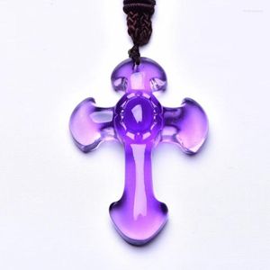 Pendant Necklaces Wholesale Natural Crystal Purple Hand Carved Cross Fine Carving Mascot Amulet Lucky Rope Chain Necklace