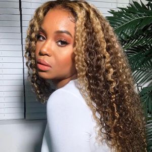 Highlight Wig Deep Curly P4/27 Piano Colored Wig 13x4 Lace Transparent Front Frontal Wigs Wave Natural Hairline Bleached Knots 150% Density