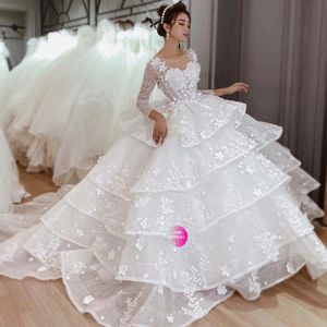 Sexy Women Ball Gown Wedding Dress White Lace Appliques Long Sleeves Ruffles Floor Length Bridal Dress