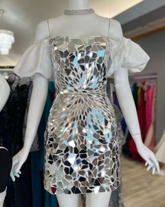 Spiegel-Hoco-Kleid 2023, Puffärmel, Glas, für formelle Anlässe, Cocktailparty, Heimkehr, Festzug, kurzer Abschlussball, Tanzkleidung, Kleid, schwarz, weiß, rot, schulterfrei, 2k23