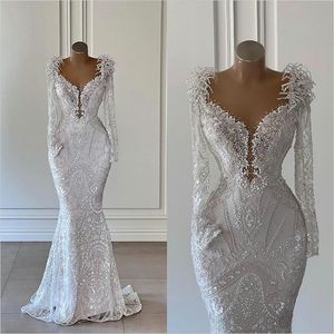 Glitzerndes 3D-Blumen-Hochzeitskleid, sexy V-Ausschnitt, lange Ärmel, Perlen, Spitze, Brautkleider, romantisches Brautkleid, Robe De Mariee