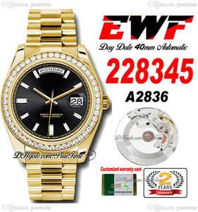 EWF Day Date 228345 A2836 Automatic Mens Watch 40 Yellow Gold Diamond Bezel Black Textured Stick Dial Presidential Bracelet Same Serial Card Super Edition Puretime 2