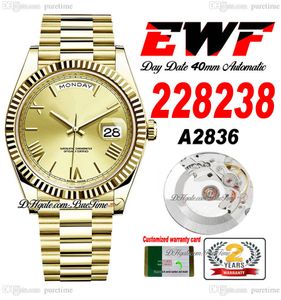 EWF Day Date 228238 A2836 Orologio automatico da uomo 40 Lunetta scanalata in oro giallo Champagne Quadrante romano Bracciale presidenziale Stessa scheda seriale Super Edition Puretime B2