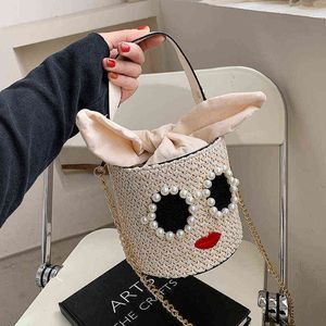 Shoulder Bags Cartoon Straw Bucket Bag Women Handbag Bohemia Rattan Chains Shoulder Crossbody Funny Purses for Beach s Tote 220514