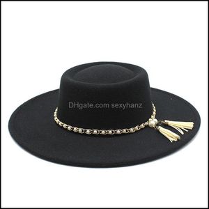 Breite Krempeln H￼te breite Krempe Hats Die Flat-Top-Wolle Filz Fedora Big Bowler Ladies Jazz Cap Fashion Elegante Frauen formelle Party 34 sexyhannz DHTCB