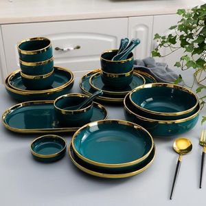 Пластины позолочника зеленая керамическая пластина стейк -посуда чаша INS Ужин Блюдо из высококачественного фарфорового обеденного посуды для семейного эль
