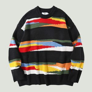 Erkek Sweaters Büyük Boy Knited Sweater Erkek Harajuku Vintage Gökkuşağı Çizgili Patchwork Jumper Street Giyim Hip Hop Gündelik Gevşek Külot UNISEX 220831