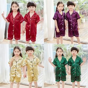 Sommer-Pyjamas-Sets für Mädchen, Seidensatin, Oberteil, Hose, Kurzarm, solide, seidige Pyjamas, Nachthemd, Kinder-Nachtwäsche für Jungen, Kleidung 20220831 E3
