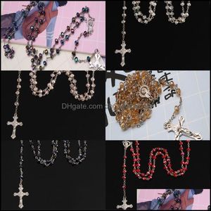 Pendant Necklaces 24Pcs Wholesale/6Mm Crystal Rosary Necklaces Catholic Holy Land Cross Prayer Necklace 416 H1 Drop Deli Dhseller2010 Dhfqw