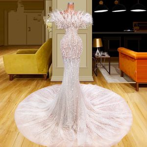 White Mermaid Evening Dresses Sleeveless Bateau Strapless Lace Pearls Feather Floor Length Beaded Appliques Sequins Celebrity Elegant Plus Size Party Prom Dress