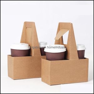 Party Decoration Take-Out Kraft Paper Cup Holder Clip Disponible Coffee Drink Tray Base med handtag för 2 festtillbehör 10st/Lot SK DH1JI