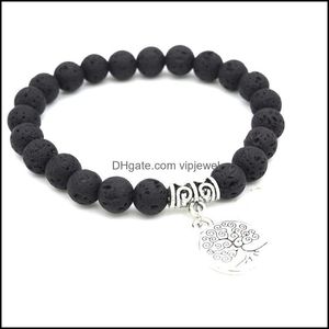 Braccialetti con ciondoli Ciondoli albero della vita 8 mm Bracciale con perline in pietra lavica nera Diffusore di olio essenziale Roccia vulcanica Mano Strin Dhseller2010 Dhdwd