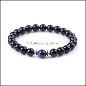 Bracelets de charme Men Blue Tiger Eye Stone Bracelet Buda Lotus Charms Handmade 8mm Balck Breads Bracelets Summer Mulheres Je Dhseller2010 DHKMW