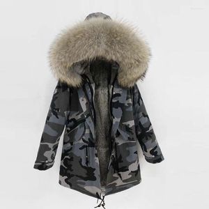 Women's Trench Coats Women Winter Fur Jackets And Real Big Raccoon Collar Hooded Coat Long Parka Black Green Streetwear Outwear