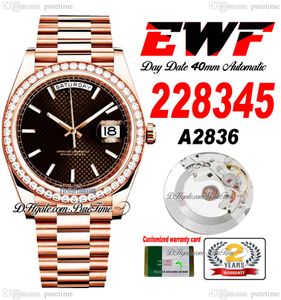 EWF Day Date 228345 A2836 Automatic Mens Watch 40mm Rose Gold Diamonds Bezel Brown Baguette Dial Presidential Bracelet Same Serial Card Super Edition Puretime B2