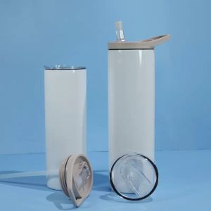 2 Arada 1 Boşluklar Süblimasyon Tumbler 20oz 30 oz Düz Kuglar Saman Paslanmaz Çift Duvar Yalıtımlı Vakum DIY Isı Su Şişesi Flip Üst Tapı Kapağı