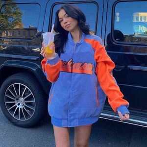 Women's Jackets Vintage Jackets Orange Letter Printed Casual Long Sleeve Bomber Jacket Clothes Fall Baseball Coat Oversized Bomber Jacket Women T220830