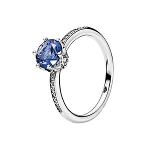 Blauer funkelnder Kronenring für Damen, authentischer Sterlingsilber-Hochzeits-Designerschmuck für Pandora-CZ-Diamant-Verlobungsgeschenkringe mit Original-Box-Set