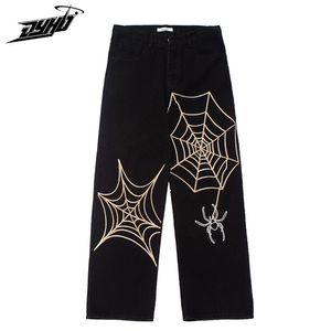 Mens Jeans Overdized Spider Web Embroidery Straight Casual Jeans Pants Unisex Vibe Style Loose Denim Trouser Autumn Winter Streetwear Black 220831