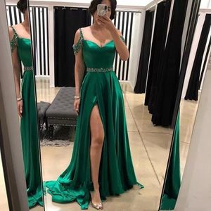 Charming Side High Split Green Prom Dresses Sweep Train 2022 Beaded Spaghetti Drop Sleeves Satin Special Occasion Party Gowns Sexy Long Evening Dress