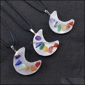 Pendant Necklaces Healing Gypsum Crescent Moon Stone Pendant Seven Chakra Necklace Reiki Crystal Agate For Necklaces Wom Dhseller2010 Dh7Yi