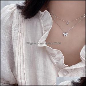 Pendant Necklaces Plated Sier Butterfly Necklace For Women Double Layer Clavicle Chain Shiny Cz Dainty Gifts Party Jewelry 20220228 T Dh3Vn
