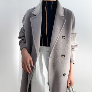 MA Womens Woolen Coat Designer Jacket Classic Water Ripple Double-Sided Cashmere Coat Double Breasted Mid-Längd 100% Wool Windbreaker