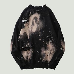 Maglioni da uomo Tie Dye Pins Strappato Distressed Fori distrutti Maglioni per maglieria Hip Hop Streetwear da uomo Pullover Maglione Oversize Nero Top 220831