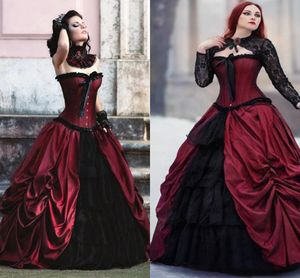 Viktorianisches Hochzeitskleid in Burgunderrot und Schwarz mit Jacke, Übergröße, Gothic-Applikation, Schnürkorsett, plissierte Beauty-Brautkleider