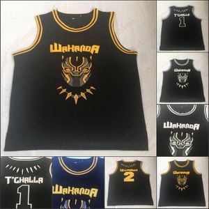 Mens Panther Wakanda Jersey #1 T Challa #2 Killmonger 100% 스티치 영화 농구 검은 남성 저지.