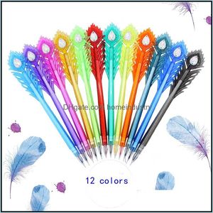Gel Pens 12 Colors Feather Gift Pens Peacock Diamond Gel Pen Painting Tools Refills 0.38Mm Children Pcs/Set Wj067 Drop Delivery 2021 Dhshn