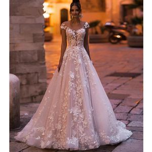 A Line Wedding Dresses Sheer Lace 3D Flowers Applique Strapless Tulle Beach Boho Bridal Gowns with Crystals