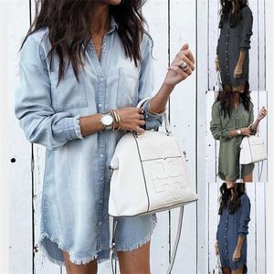 فساتين البيع بالتجزئة بالإضافة إلى حجم S-3XL 4XL 5XL Women Denim Shirt Dress Tassel Long Sleeve Long Denerts