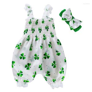 Conjuntos de roupas 2022 Baby Summer Girl Girl sem mangas Bubble Troushers Suspender Bodysuit com faixa de cabeça 2pcs Clover Impresso Romper Conjunto