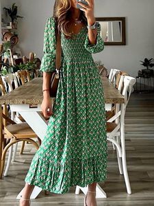 Повседневные платья мода шикарные v Seck Spring Summer Maxi Loose Ruffle a Line Элегантный цветочный принт Женщины Long 220831